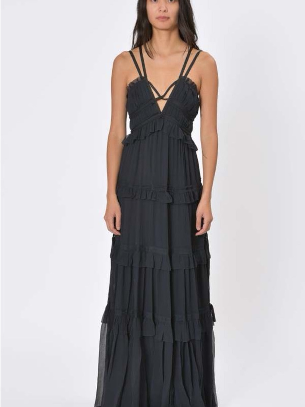 Ulla Johnson Agatha gown - Black Ruffled Tiered Maxi Dress with Strappy V-Neck - Picture 5 of 12